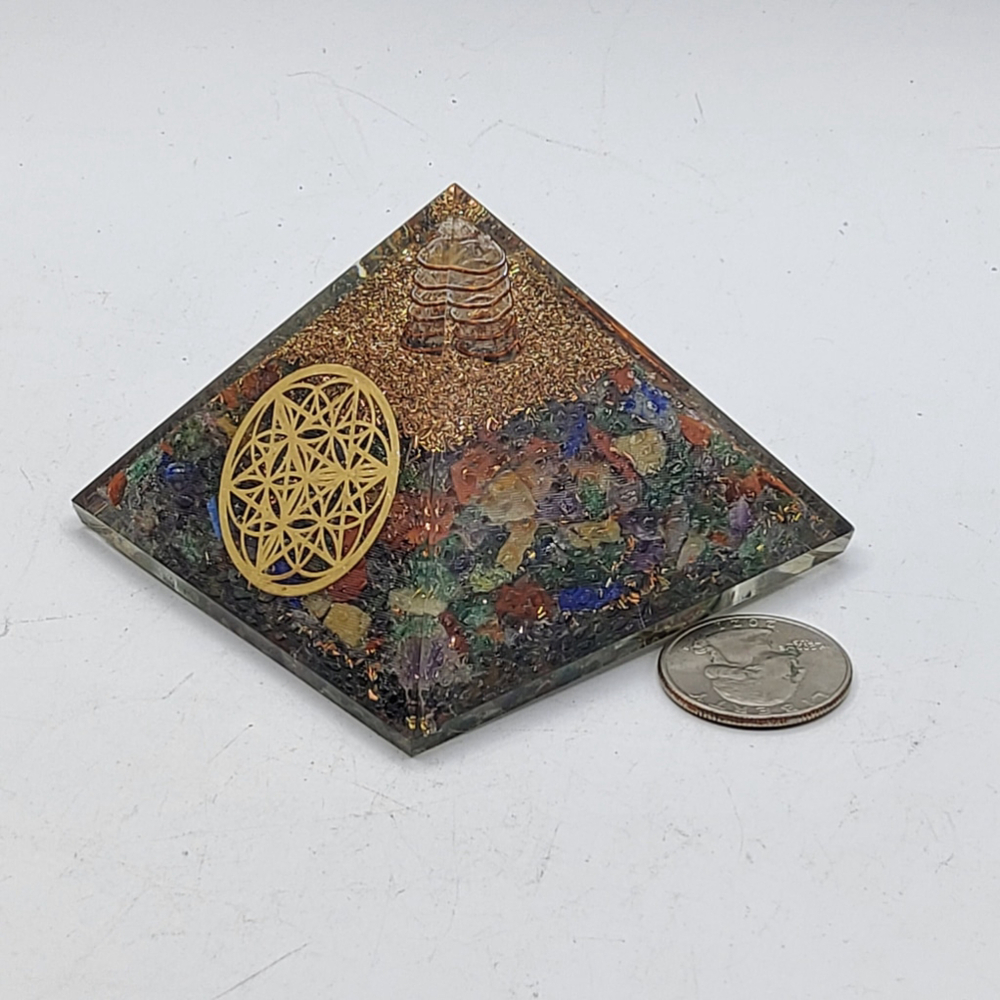 Mixed Gemstone Orgonite Pyramid with Golden Flower of Life Symbol Meditation